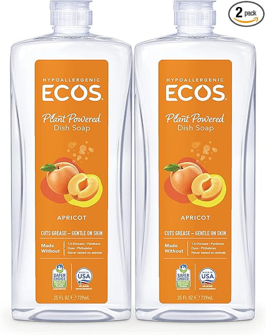 ECOS® Hypoallergenic Dish Soap, Natural Apricot, 25 Fl Oz (Pack of 2)