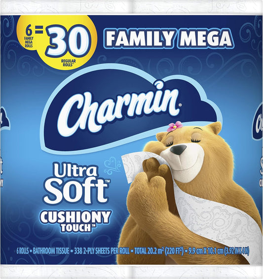 Charmin Ultra Soft Cushiony Touch Toilet Paper, 6 Family Mega Rolls = 30 Regular Rolls (Prime Pantry)